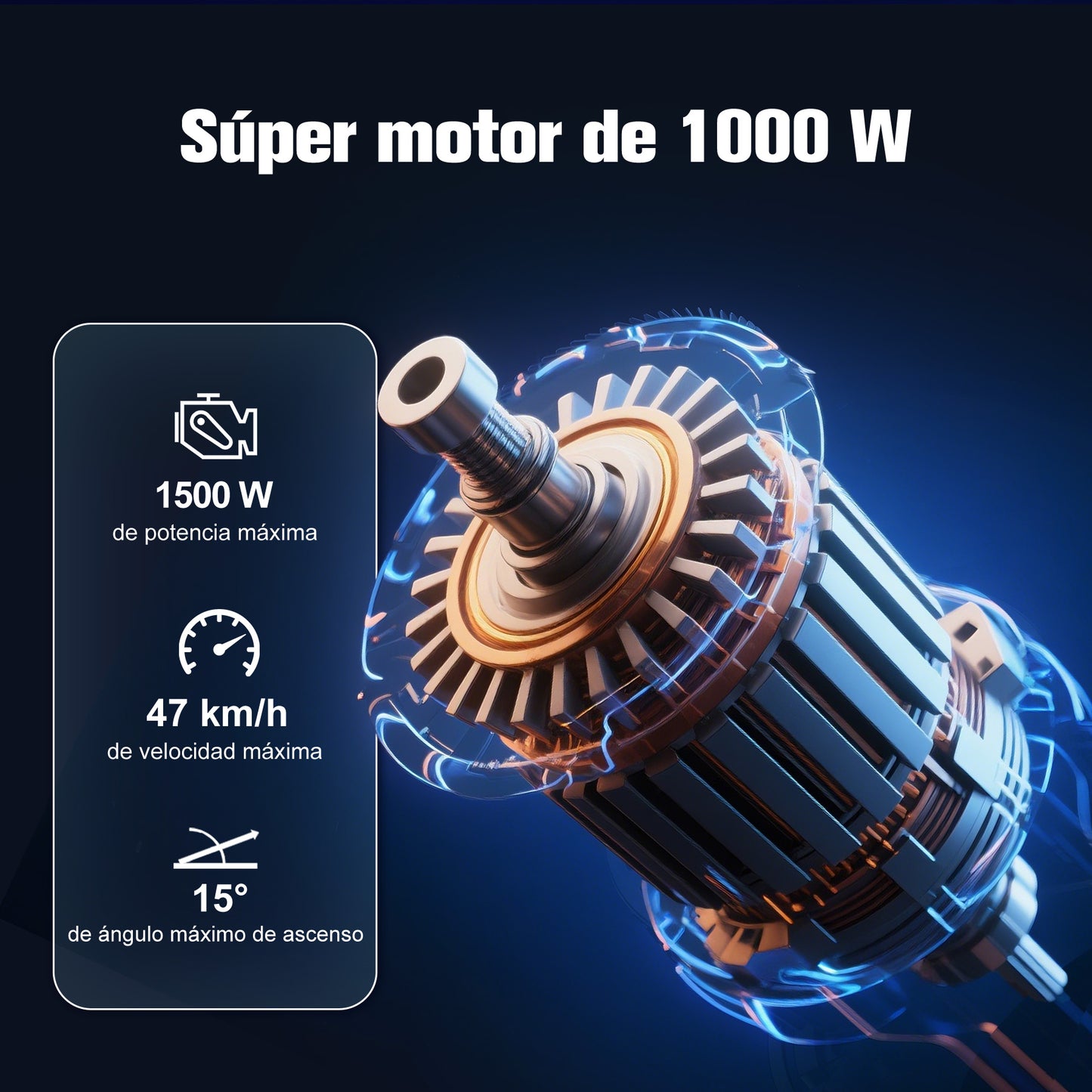 La Potencia Máxima de la Motocicleta Eléctrica es de 1500 W y la Velocidad Máxima es de 47 km/h