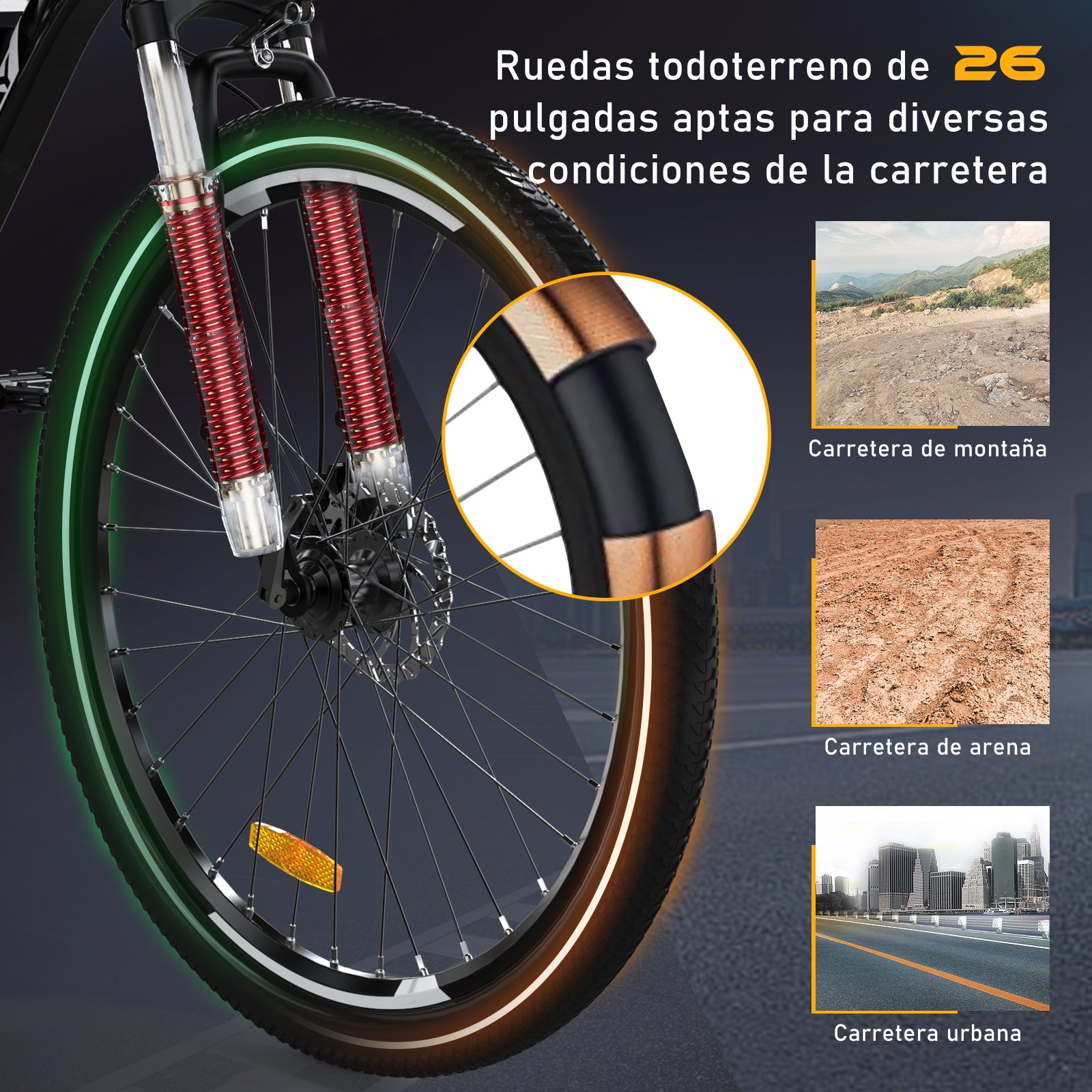 Los Neumáticos Grandes de 26 Pulgadas de las Bicicletas Eléctricas de Montaña son Adecuados para una Variedad de Terrenos.