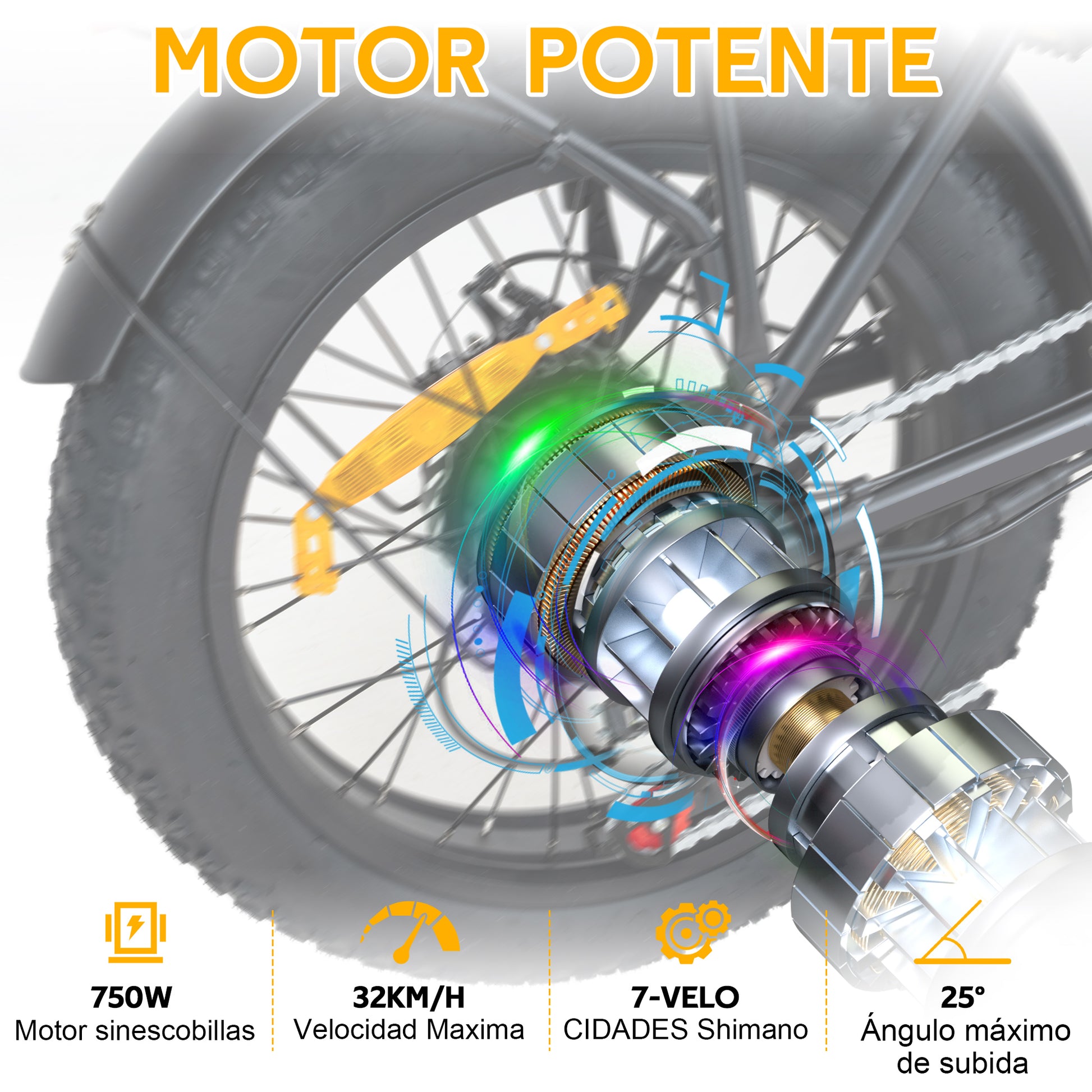 Bicicleta Eléctrica con Motor de 750 w, Velocidad Máxima 32 km/h, Ángulo Máximo de Escalada 25 °