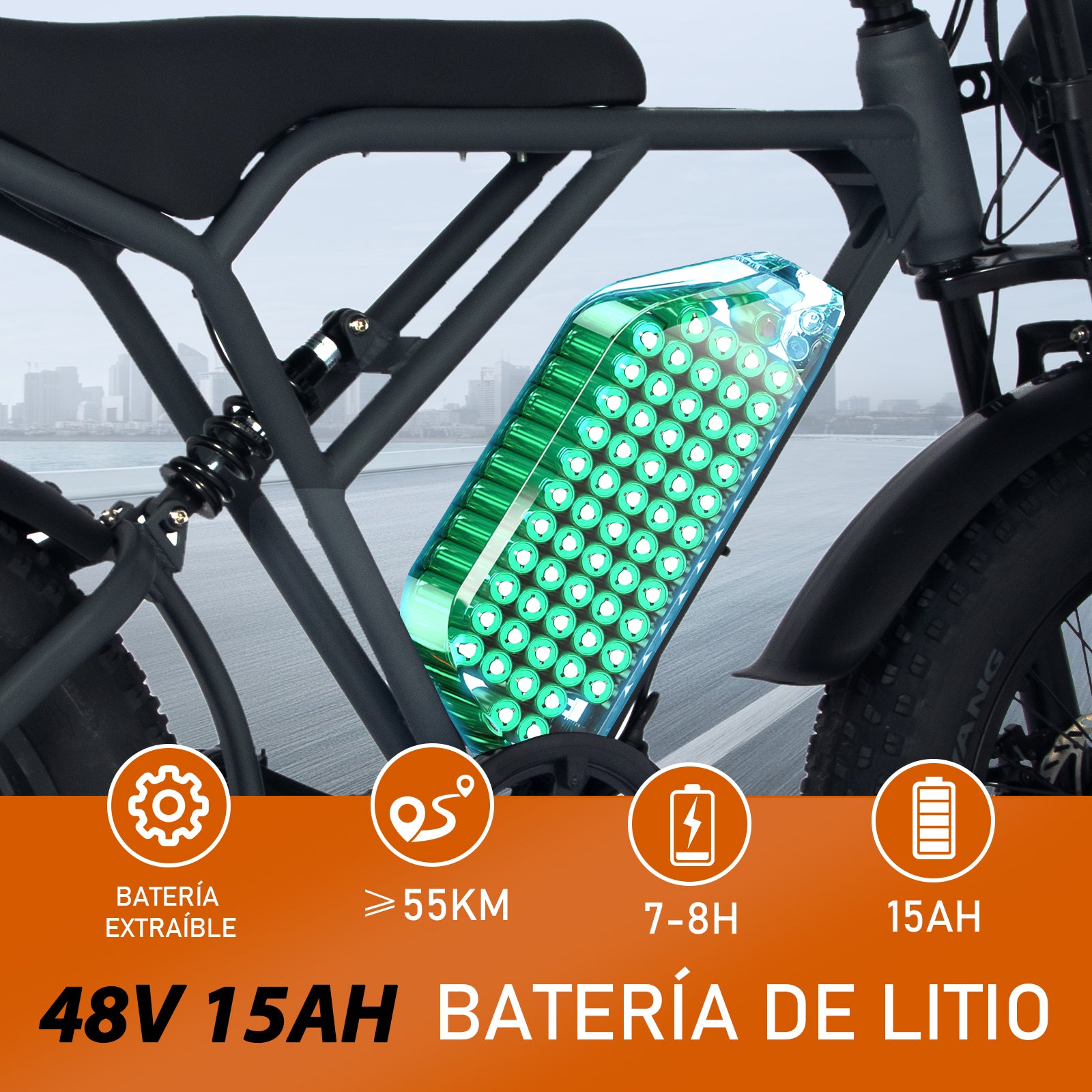 La Batería de la Bicicleta Eléctrica de Montaña es de 48 V 15 Ah